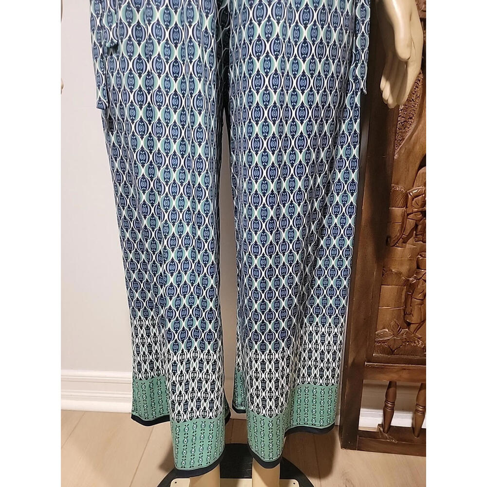 Max Studio GEO Pattern Size L Navy Green Wide Leg Jumpsuit NWT $118 #C - Picture 9 of 14